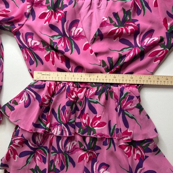 WAYF Tiered Ruffle Floral Mini Dress Size Medium Pink Long Sleeve Feminine Flowy - Picture 11 of 11